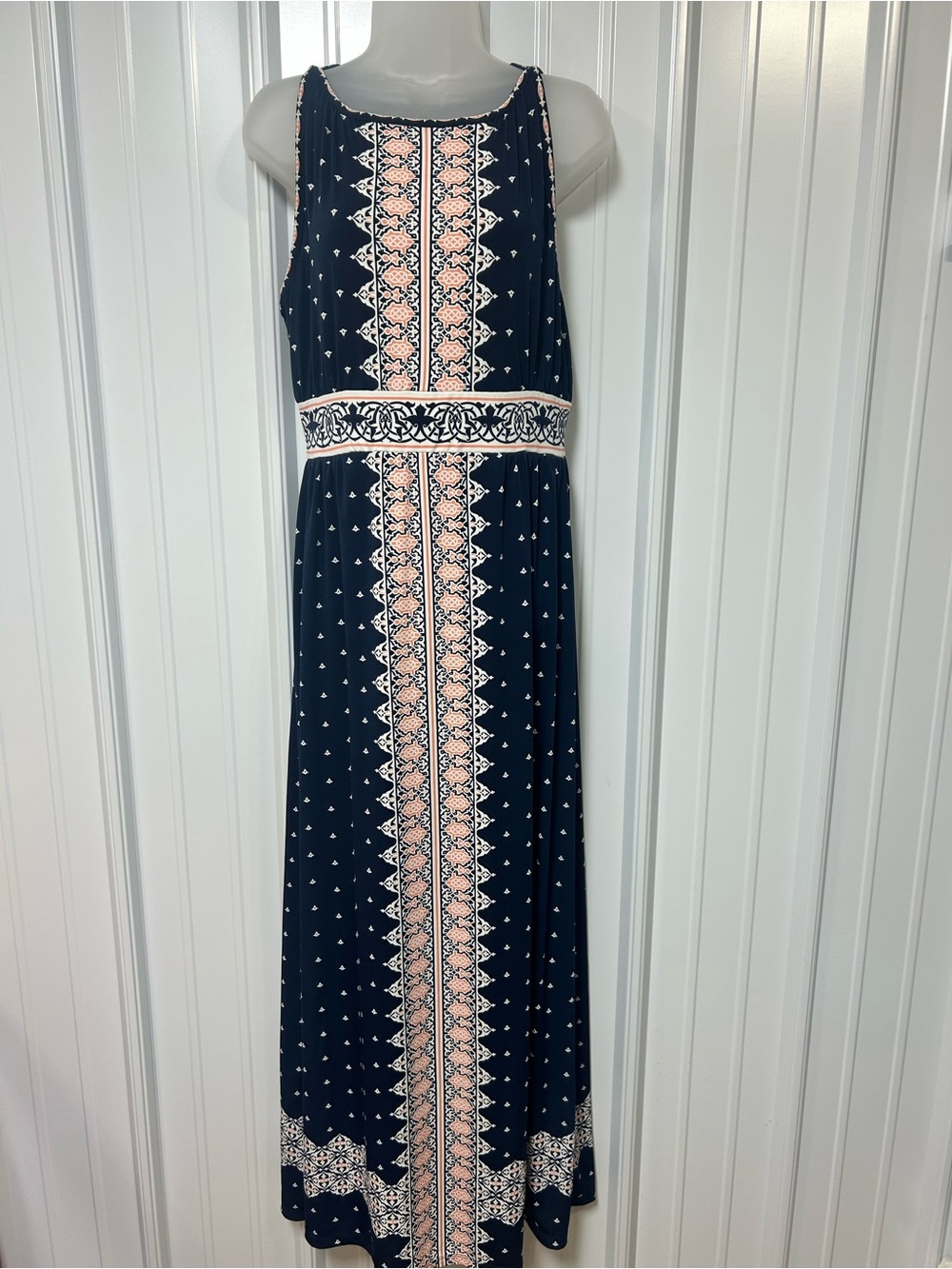 MAX STUDIO Maxi Dress Womens Large Navy Blue Geometric Print Stretch NEW